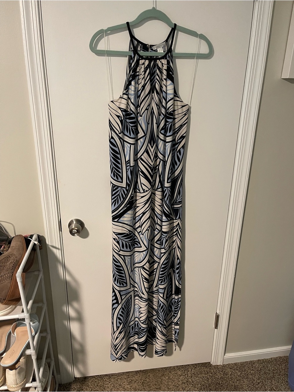 London Times Navy and Cream Leaf-Pattern Halter Maxi Dress